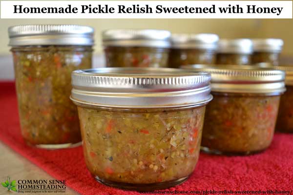 This easy homemade pickle relish recipe teams up your fresh cucumbers or zucchini with honey, apple cider vinegar and spices to make a delicious condiment.