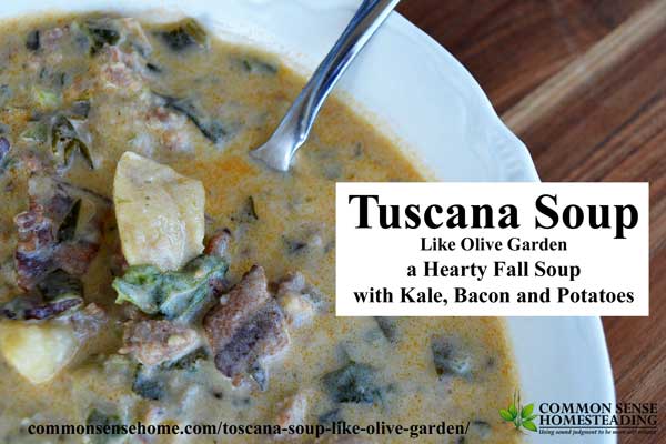 Toscana soup like Olive Garden - a hearty soup featuring sausage, bacon, potatoes, cream and kale. Great paired with fresh baked bread.
