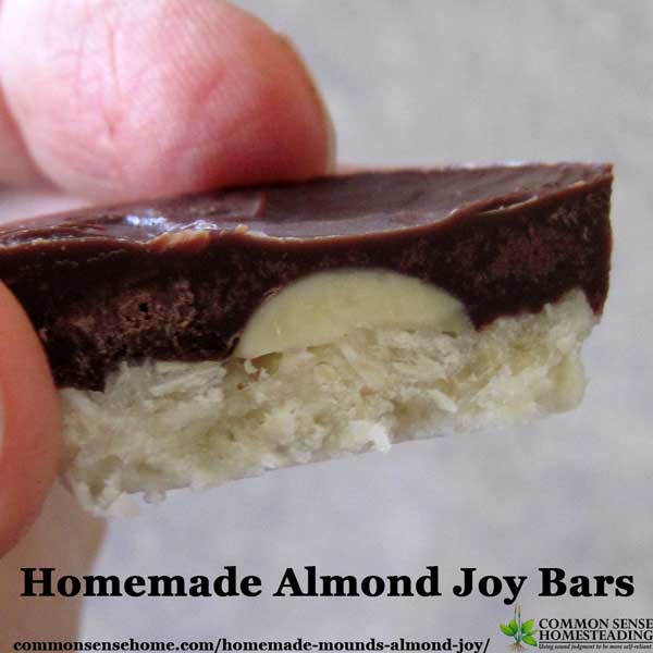 Make your own homemade mounds bars and almond joy bars with no refined sugar and natural coconut, coconut oil and cocoa powder.