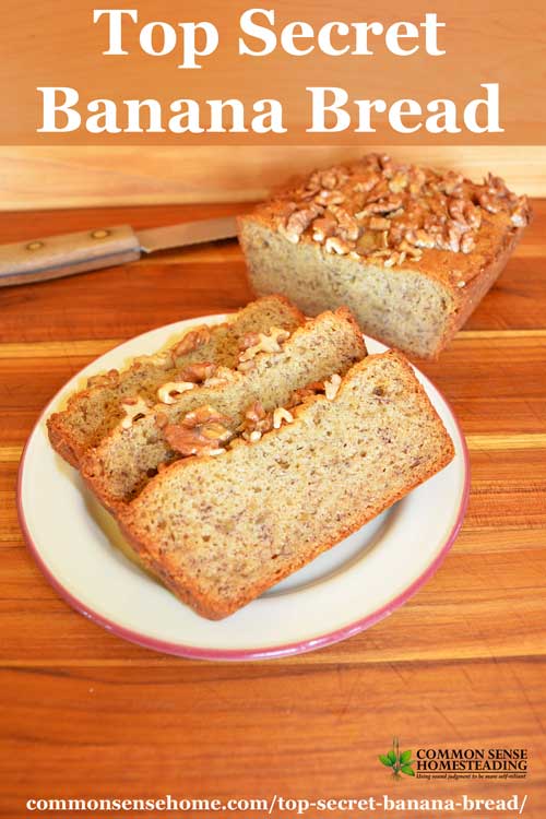 Moist and delicious homemade banana bread recipe with two "secret" ingredients that give it great flavor and texture - not dry and crumbly!