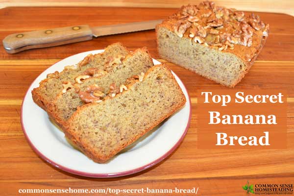 Moist and delicious homemade banana bread recipe with two "secret" ingredients that give it great flavor and texture - not dry and crumbly!