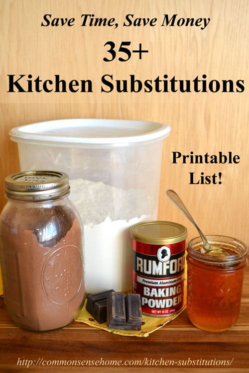 Save time and money with this printable list of 35+ Kitchen Substitutions . Substitutions for sweeteners, leavening, flours, spices, measurements and more. 