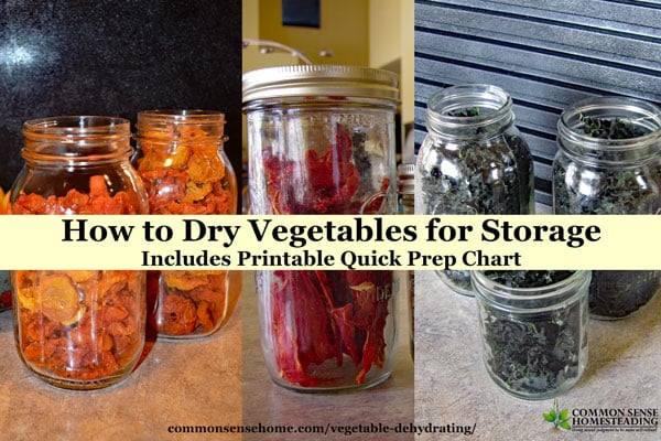 Vegetable Dehydrating is a great way to store veggies in less space with minimal equipment. Post includes printable chart with prep steps & drying times.