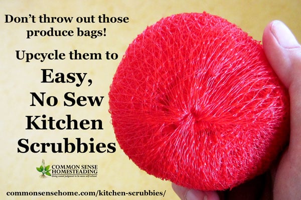 Don't toss those mesh produce bags! Upcycle the bags into free, easy to make, no sew kitchen scrubbies in a few simple steps.