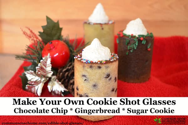 Fill these edible shot glasses with anything you like for a memorable party treat. Use a shot glass mold to create cookies, jello, hard candy or ice cups. Pictured here - chocolate chip, gingerbread and sugar cookie.