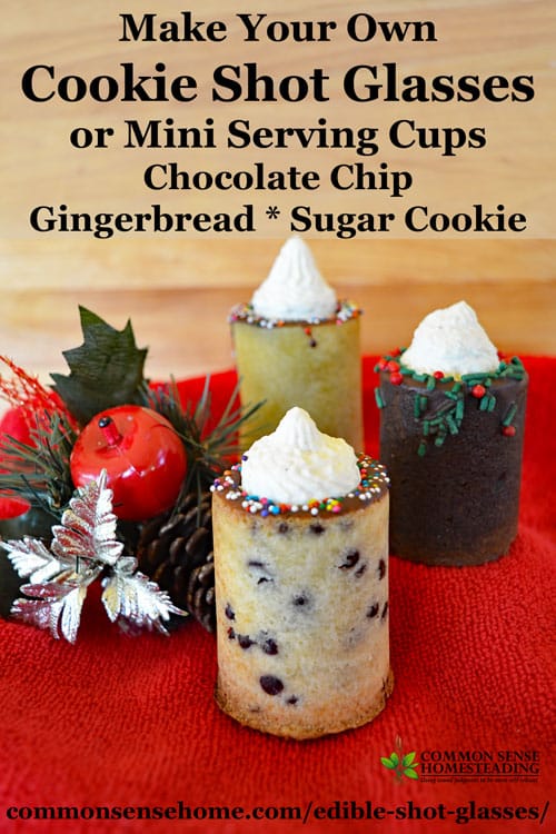 Fill these edible shot glasses with anything you like for a memorable party treat. Use a shot glass mold to create cookies, jello, hard candy or ice cups. Pictured here - chocolate chip, gingerbread and sugar cookie.