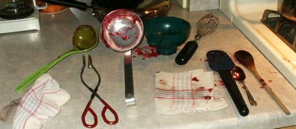 mess on counter top from making currant jelly