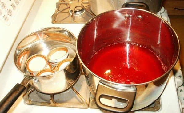 pot on stove top with red currant juice heating up for currant jelly