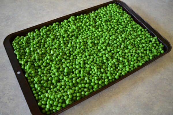 preparing to flash freeze peas on baking sheet