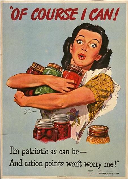 "Of Course I Can" WWII poster featuring woman with arms full of home canned foods