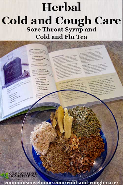 Herbal Cold and cough care - Cough-Be-Gone and Sore Throat Syrup and Cold and Flu Tea recipes with natural antihistamines and soothing herbs.