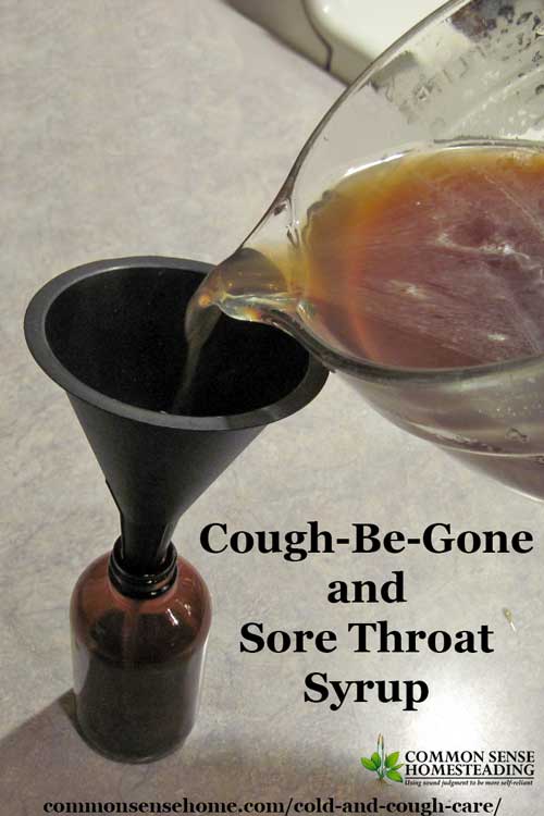 Herbal Cold and cough care - Cough-Be-Gone and Sore Throat Syrup and Cold and Flu Tea recipes with natural antihistamines and soothing herbs.