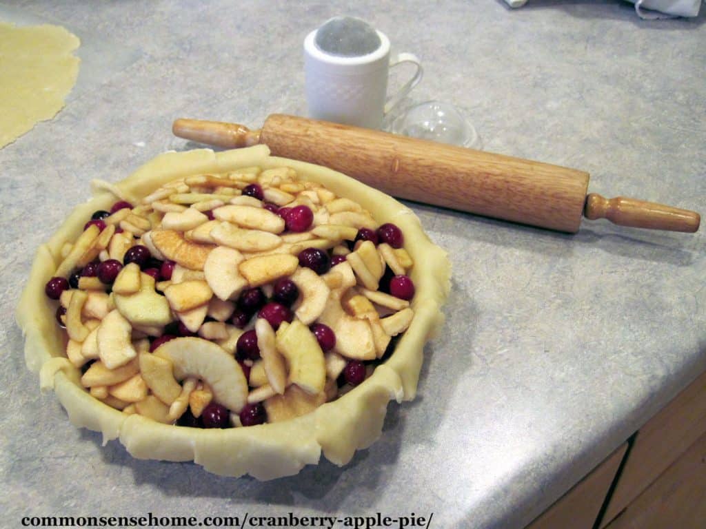 cranberry-apple pie filling in pie without top crust