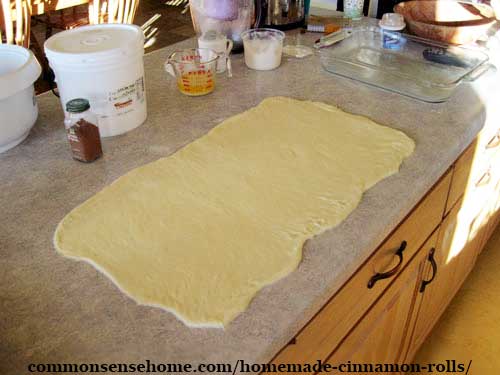 rectangle of cinnamon roll dough spread out on counter top