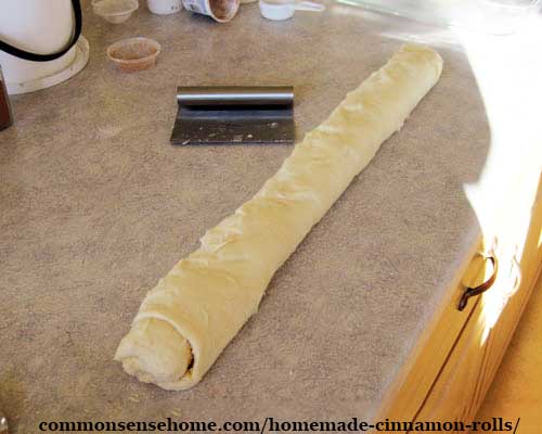 Homemade cinnamon roll dough rolled up and ready to cut into individual rolls