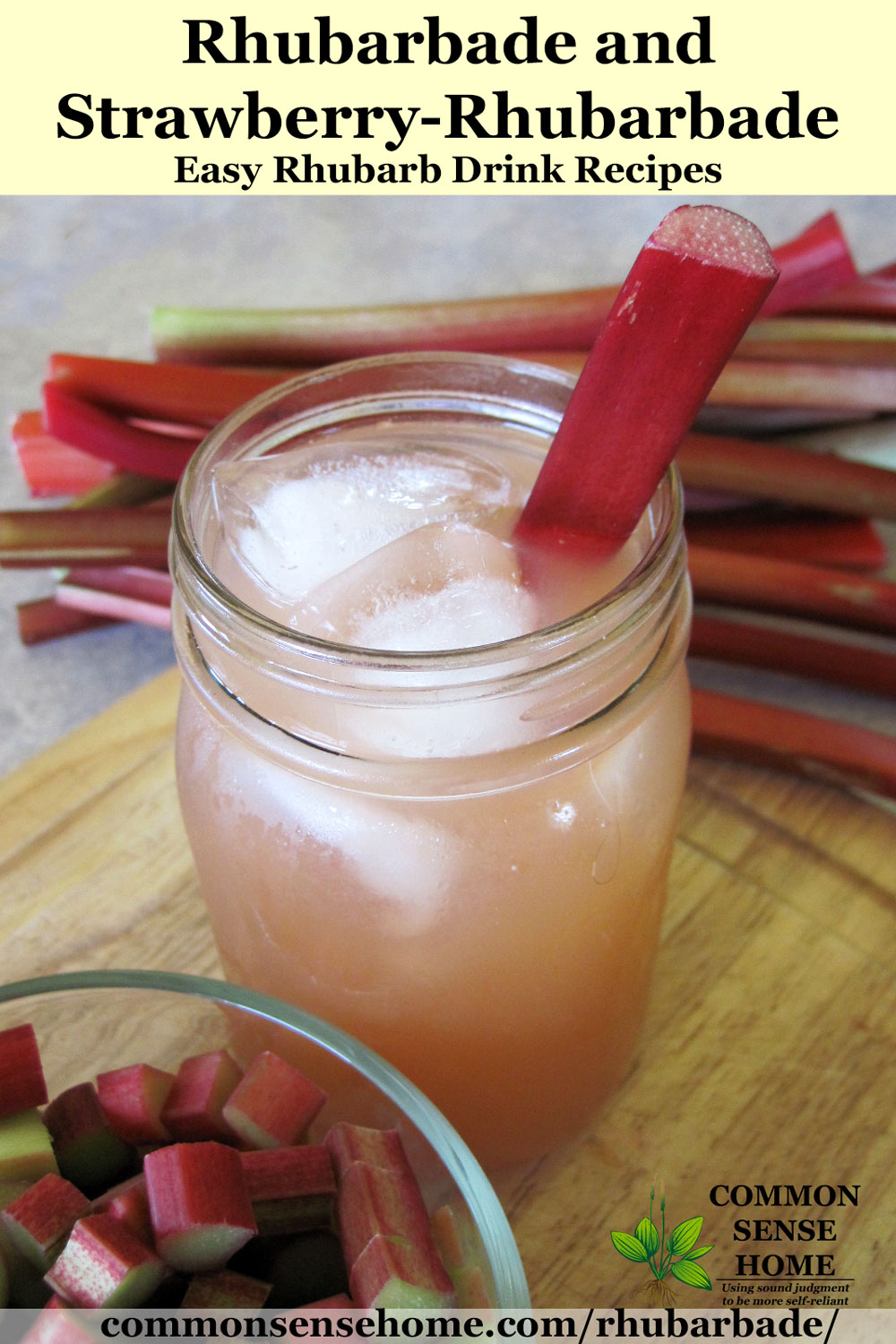 strawberry rhubarb drink in glass with ice