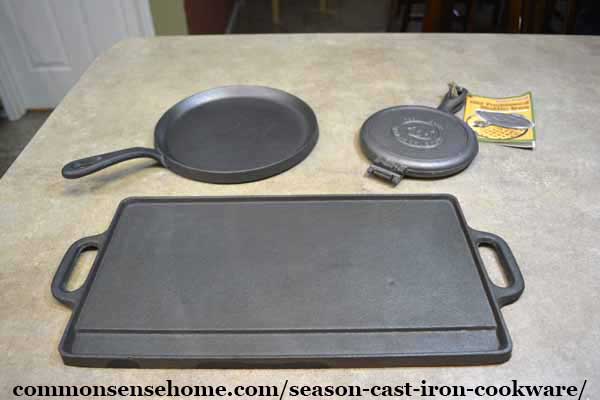 unseasoned cast iron waffle iron, large griddle and tortilla griddle