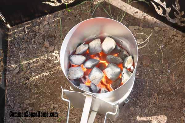 Starting charcoal with a chimney for Dutch oven cooking