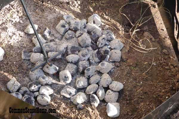 Charcoal ready for Dutch oven cooking