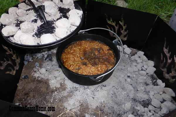 Peach cobbler in cast iron Dutch oven