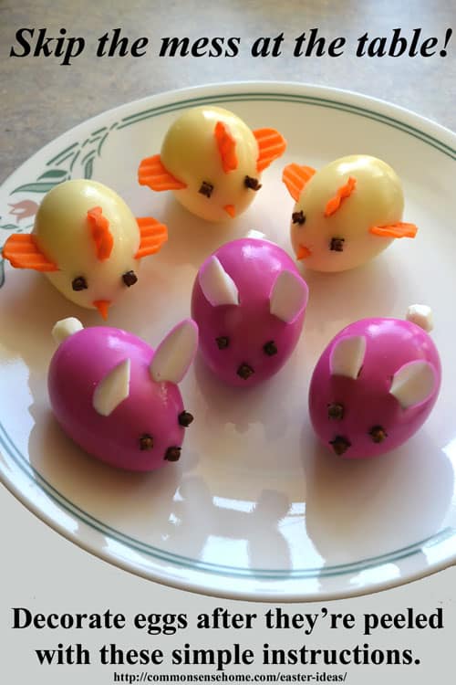 These cute little Easter bunnies and chicks are decorated AFTER the eggs are peeled to make them super easy to serve and eat. No messy eggshells at the table!