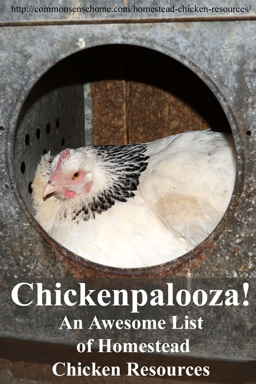 Chickenpalooza! An Awesome List of Homestead Chicken Resources - Recommended books, equipment and links to over 60 homestead chicken posts on the web covering everything from chicks to chicken diapers.