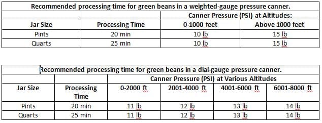 Processing times and pressures for green beans.