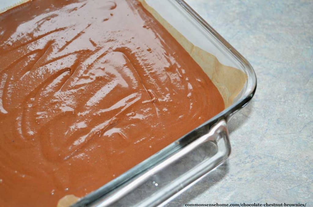 gluten free chestnut brownie batter in baking dish