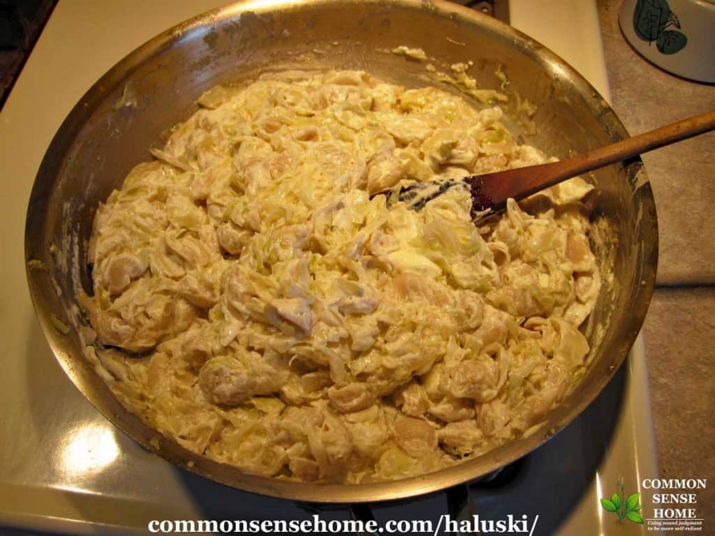 Pan full of haluski cabbage and noodles