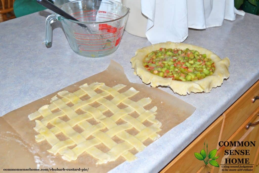Rhubarb custard pie recipe with lattice pie crust on left and custard pie filling in pie plate on right