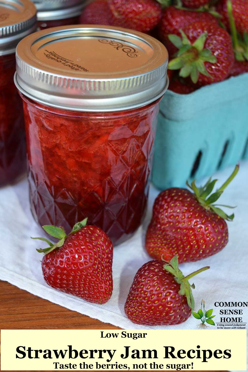 low sugar strawberry jam recipes - jar of jam with fresh strawberries