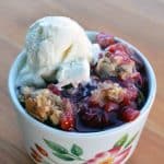 Strawberry Rhubarb Crumble - Enjoy this seasonal combination of fruits fresh or frozen. Goes together in minutes, gluten free, sweetened with honey.