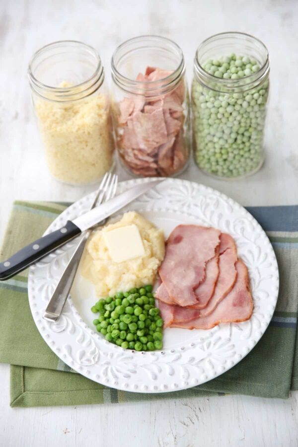 freeze dried ham. potatoes and peas, in jars and rehydrated on plate