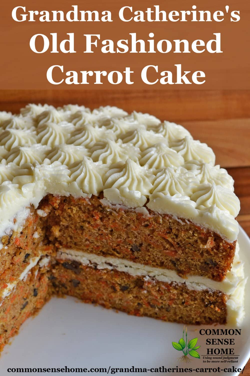 old fashioned carrot cake on white plate with wood background