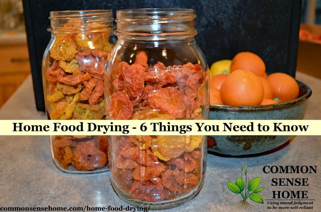 Two jars of dehydrated tomatoes, next to whole tomatoes and a dehydrator.