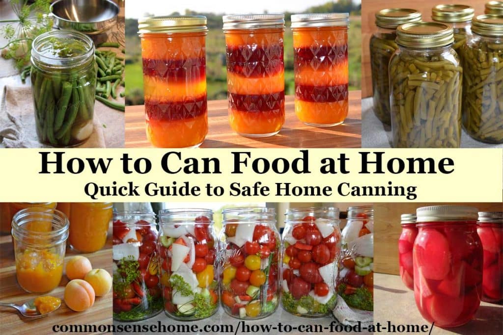 How to Can Food at Home text with an assortment of home canned food in jars in the background