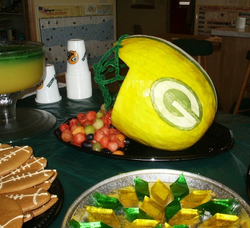 watermelon carved like Green Bay Packer football helmet