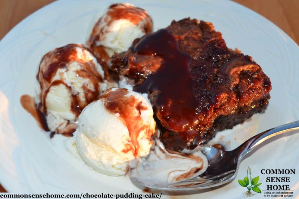 Old fashioned chocolate pudding cake on white plate with vanilla ice cream