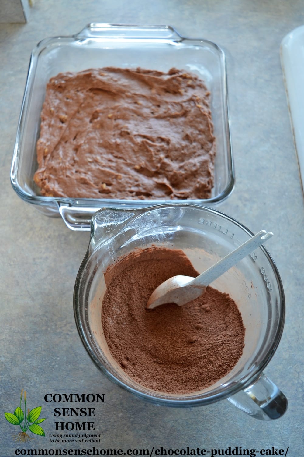 from scratch chocolate pudding cake ingredients, part in cake, part in glass bowl