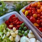 bins of fresh vegetables prepped for home preserving