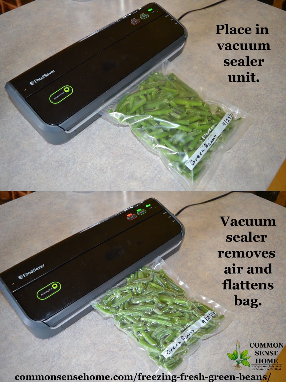 vacuum sealing a package of frozen green beans