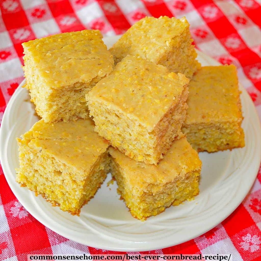 square slices of cornbread on white plate