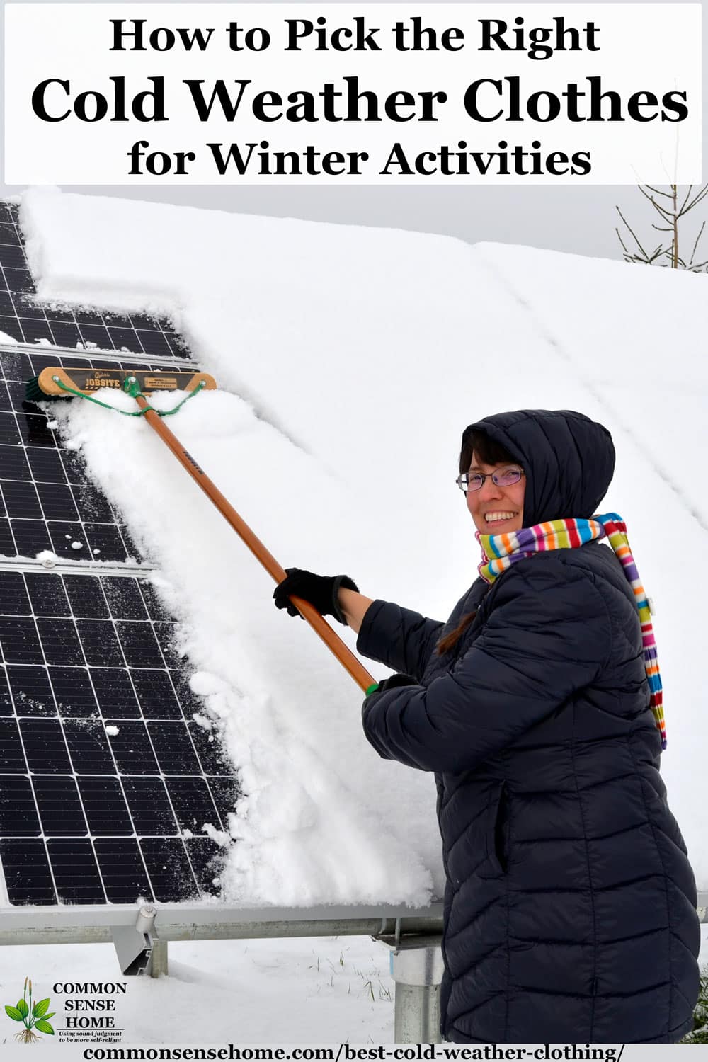woman cleaning snow from solar panels