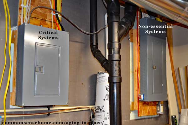 Two panel electric system allows one panel to run critical systems from emergency power.