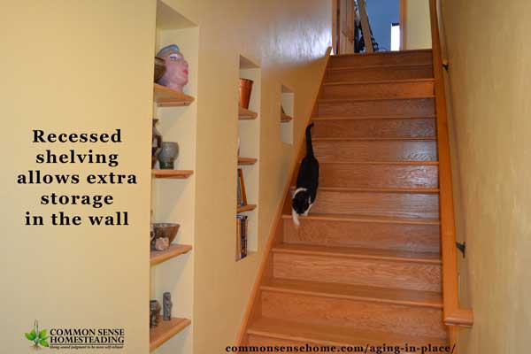 Recessed shelving allows for extra storage in the wall.