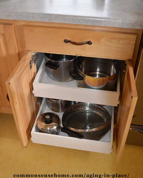 Roll out kitchen shelving makes it easier to access items in the back of cabinets.