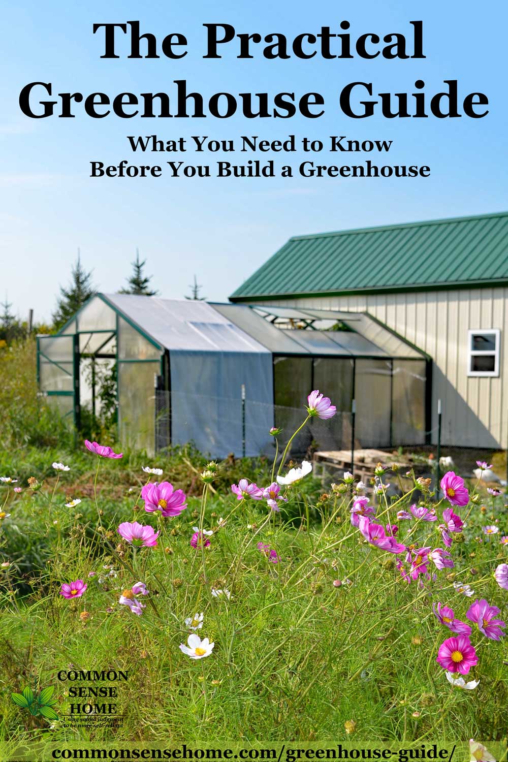 greenhouse with shade cloth on, attached to building. Pink flowers in foreground