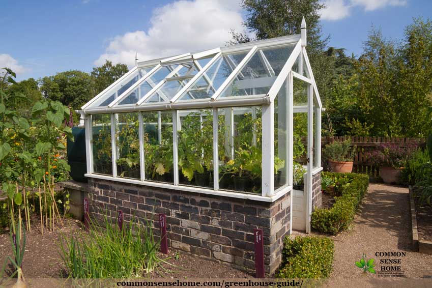 small glass greenhouse with brick kneewall