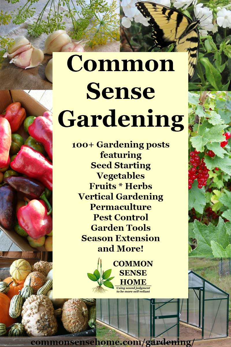 "Common Sense Gardening" text overlay of garden photos