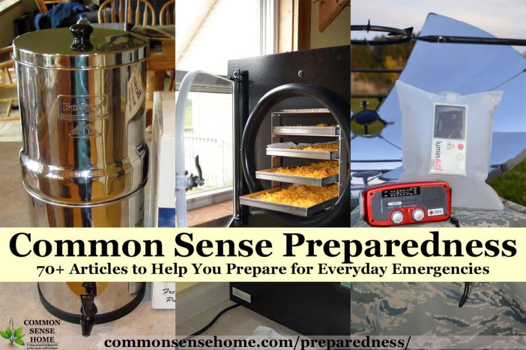 "Common Sense Preparedness " text overlay over water filter, freeze dryer, emergency radio and solar cooker